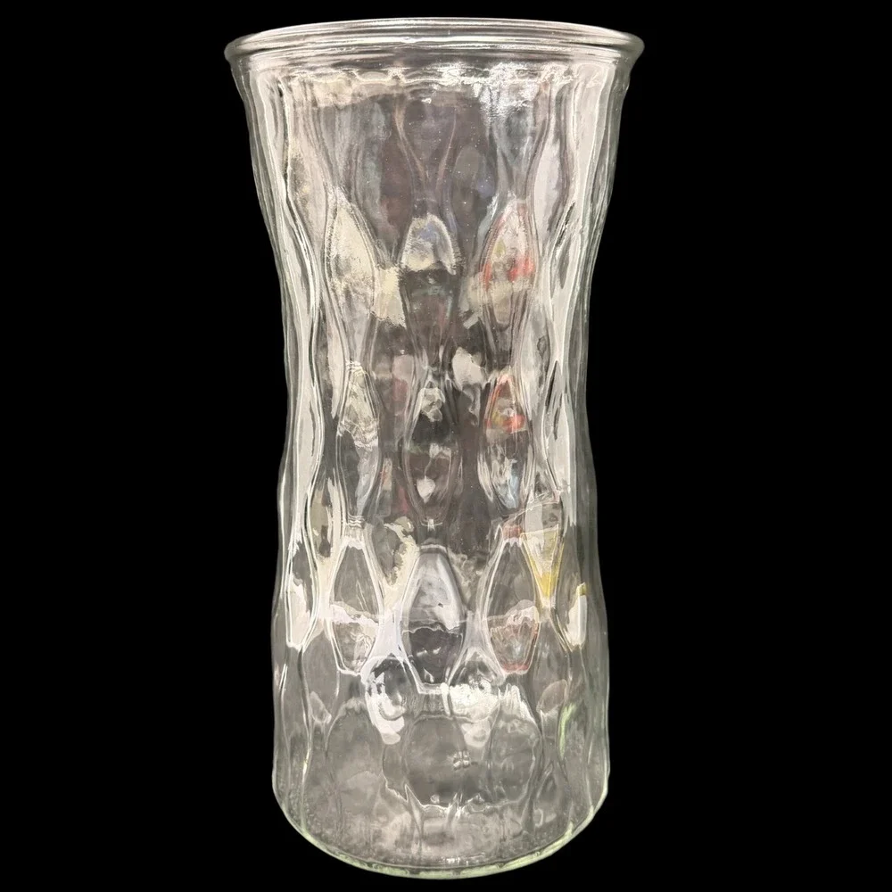 Clear Textured Crinkle Glass Vase Cinched Waist 9.5 Inch Floral Centerpiece